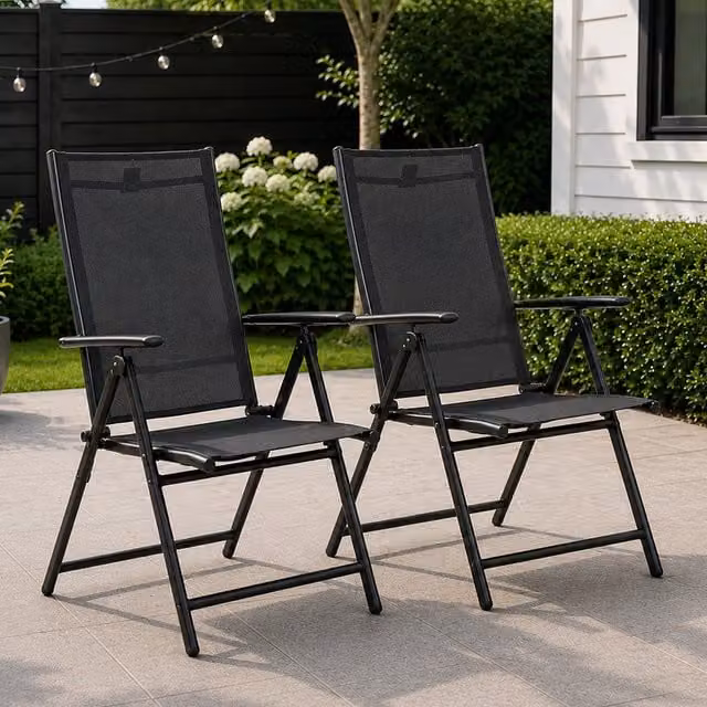 Samuel Alexander Set of 2 Black Multi Position Reclining Outdoor Folding Garden Chairs with Armrests – 1