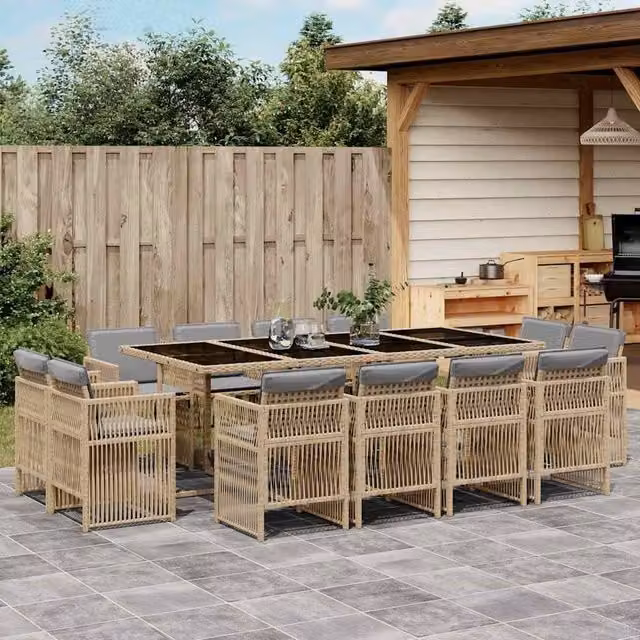 Berkfield Home 13 Piece Poly Rattan Garden Dining Set with Cushions and Glass Top in Beige