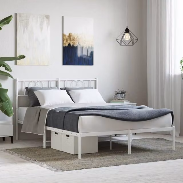 Berkfield Home Metal Bed Frame with Headboard in White, W/D/H: 160 x 200 cm