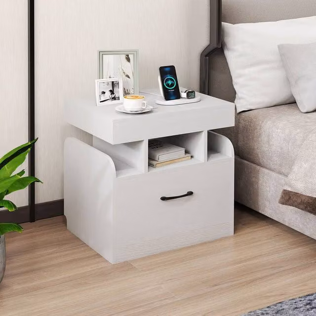Costway Modern Wooden Nightstand with Drawer and Charging Outlets in White