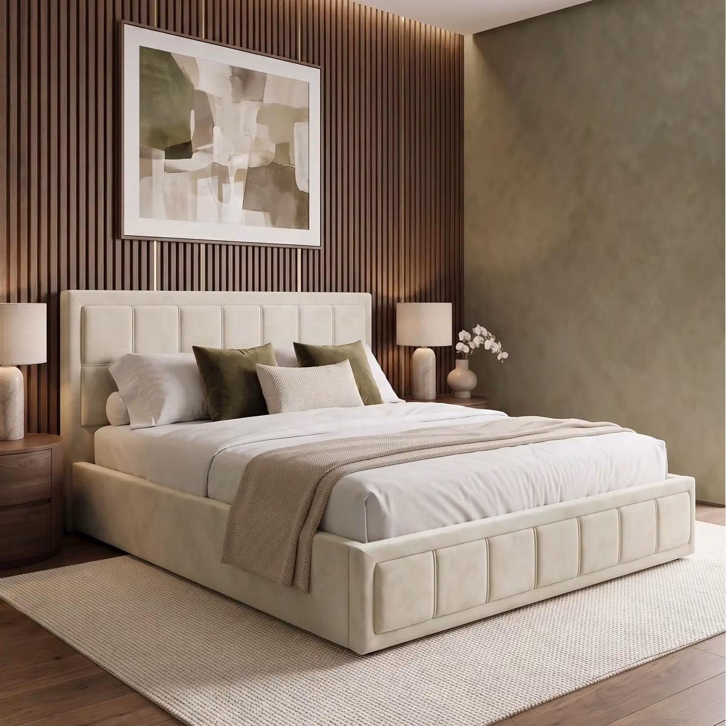 DHS Modern Velvet Ottoman Storage Bed Frame with Lift Up Base, Beige, W/D/H: 180 x 200 cm