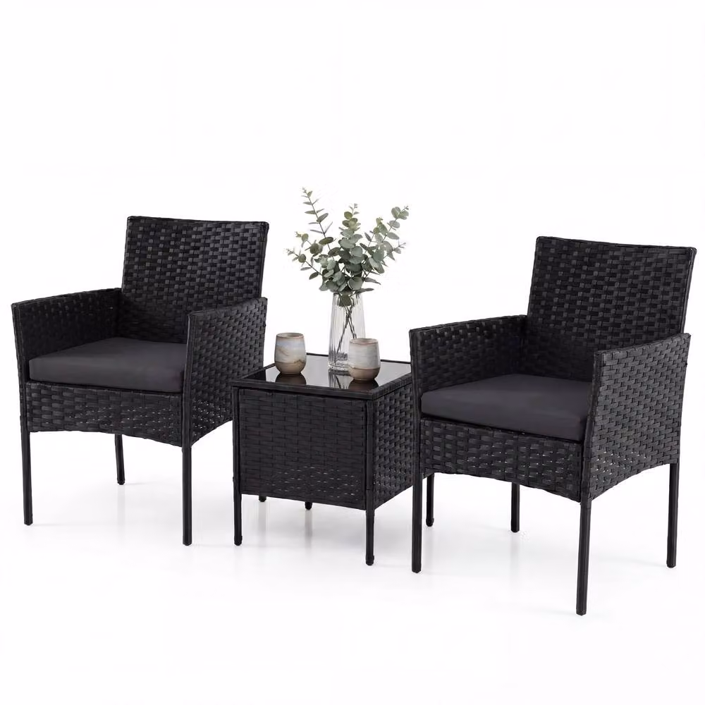 Costway 3-Piece Grey Rattan Garden Conversation Set with Cushions and Glass Top Table – 2