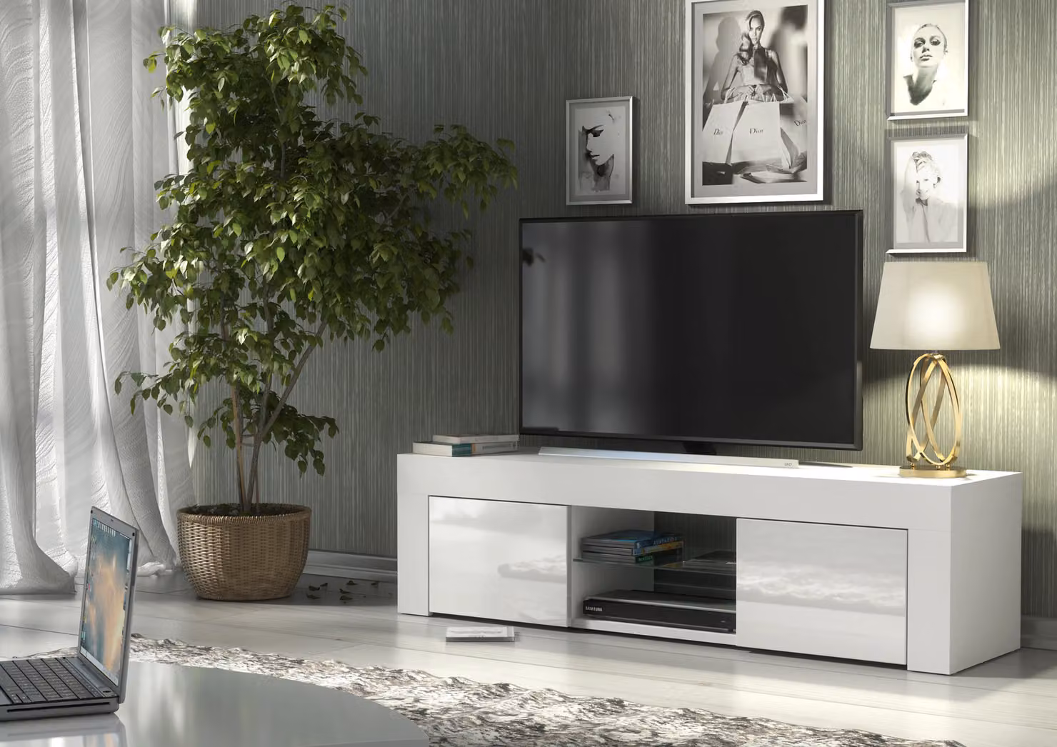 Creative Furniture Modern White High Gloss TV Unit W: 130 cm, D: 35 cm, H: 35 cm – 2