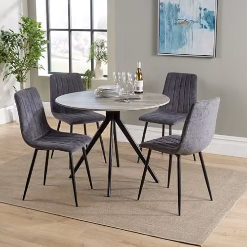 Core Products Aspen 5-Piece Dining Set with Round Grey Oak-Effect Wood Table and 4 Grey Upholstered Fabric Chairs with Black Metal Legs – 2
