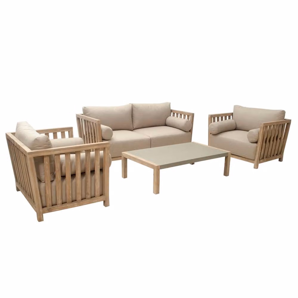 Dibor 4-Piece Acacia Wood Garden Patio Furniture Set with Cushions and Coffee Table in Brown and Beige – 2