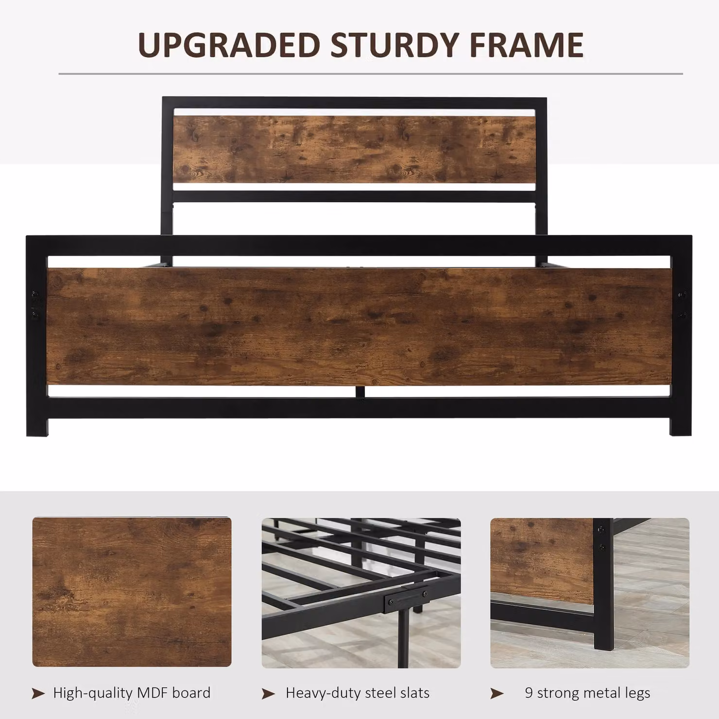 HOMCOM Industrial Metal Bed Frame with Headboard and Footboard in Black, Size: 90 x 200 cm – 4