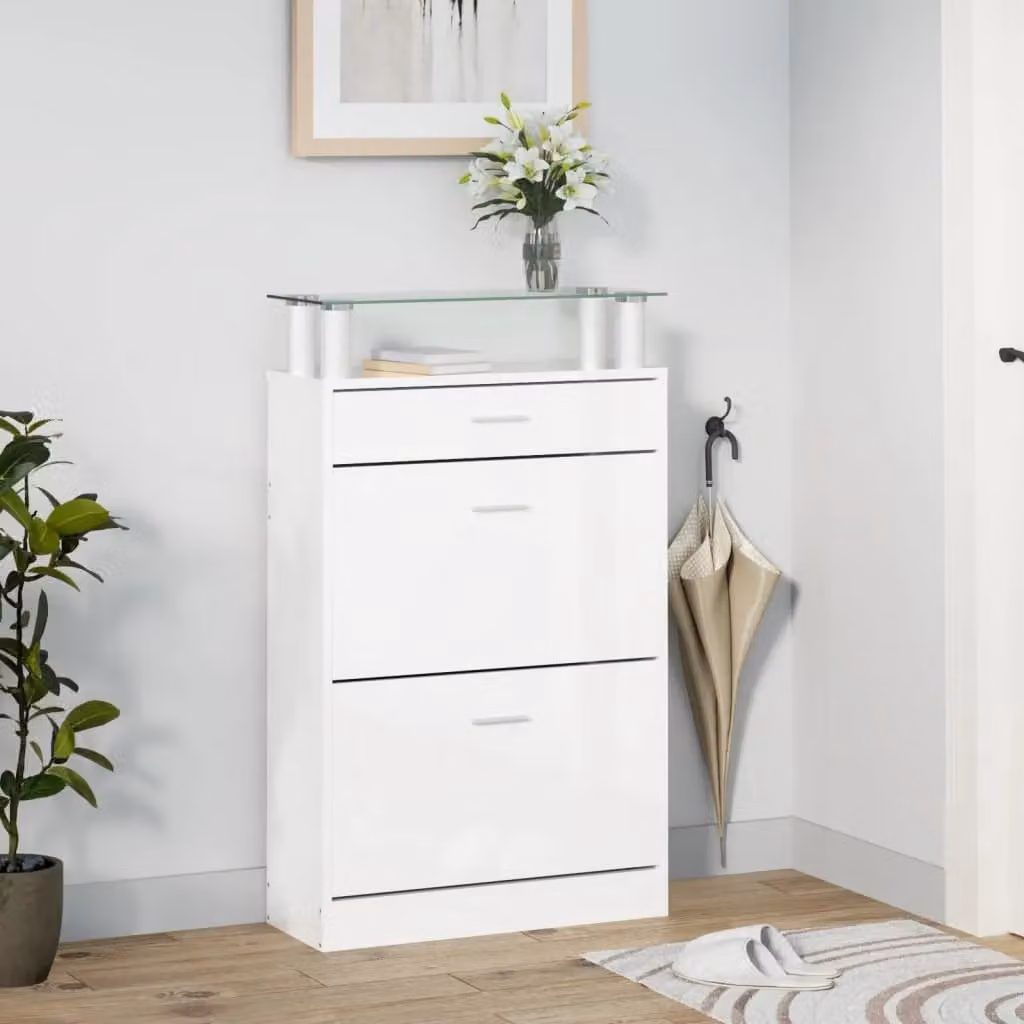 Berkfield Home High Gloss White Shoe Cabinet with Tilting Compartments, W/D/H: 63 x 24 x 104 cm