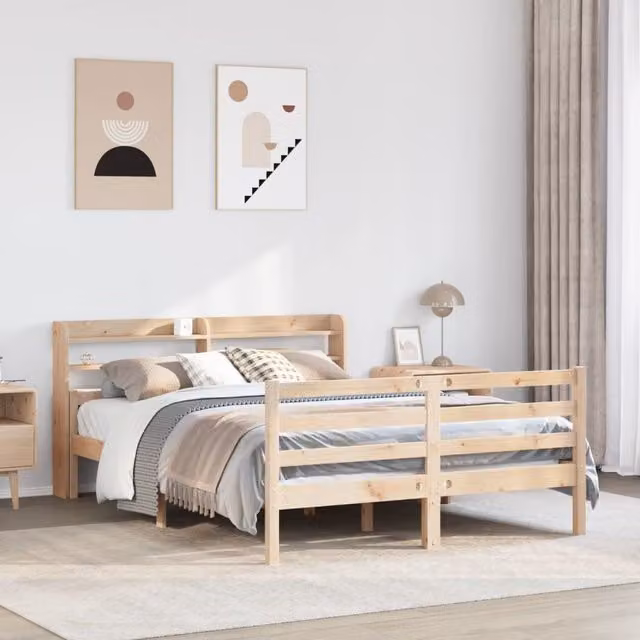 Berkfield Home King Size Bed Frame with Headboard and Side Compartments in Brown Rustic Pine Wood W/D/H: 150 x 200 cm