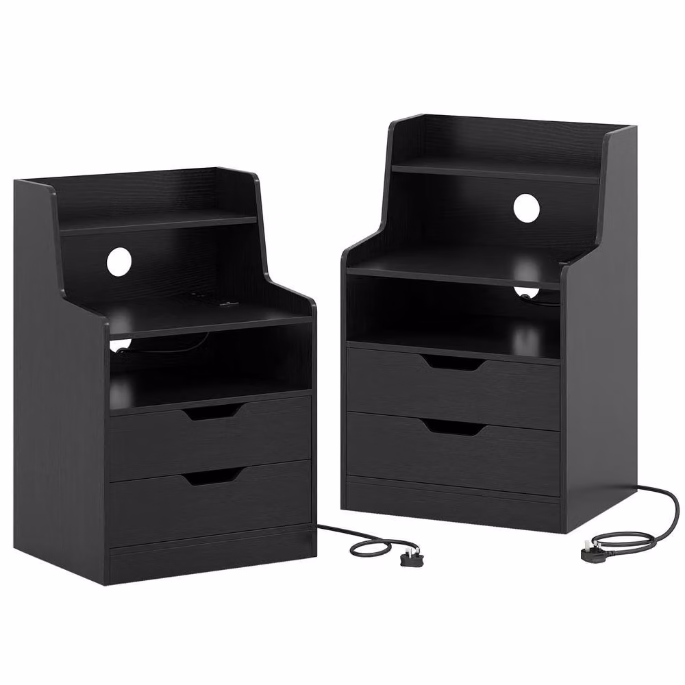 Costway Modern 2-Drawer LED Nightstand with Charging Station in Black – 3
