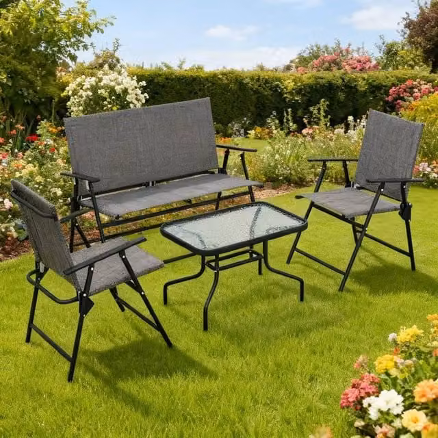 ERGOVEXA Four-Piece Metal Garden Sofa Set in Grey with Upholstered Cushions and Coffee Table