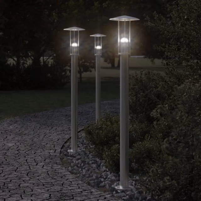 Berkfield Home Set of 3 Silver Stainless Steel Outdoor Bollard Floor Lamps, Height: 100 cm