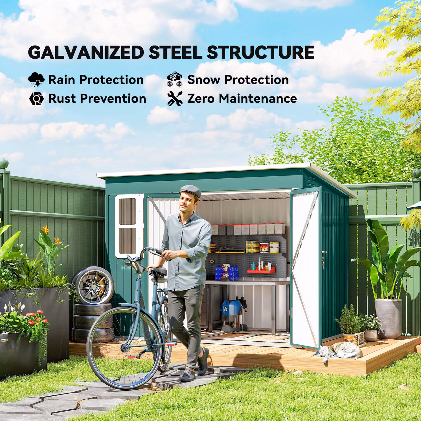 Outsunny Galvanised Steel Garden Storage Shed with Foundation Kit, Window and Lockable Double Doors, Green, W/D/H: 259 x 177 x 190 cm – 4