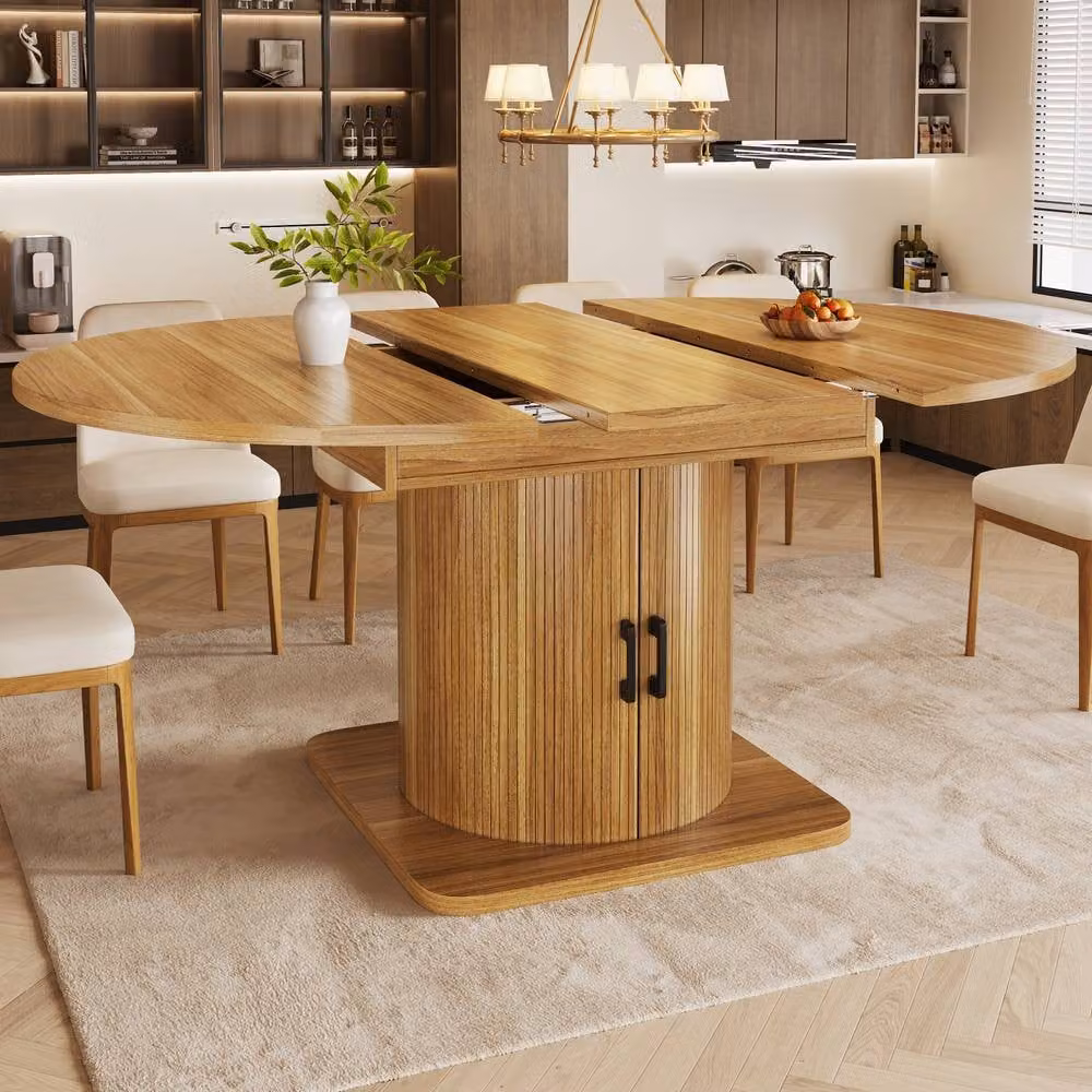 ModernLuxe Modern Extendable Dining Table with Storage and Wine Rack in Natural Brown and Beige, W/D/H: 118 x 75 x 76 cm – 2