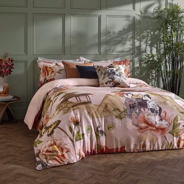 Paoletti Geisha Reversible Pink Floral Cotton Duvet Cover Set, W: 200 cm x D: 200 cm