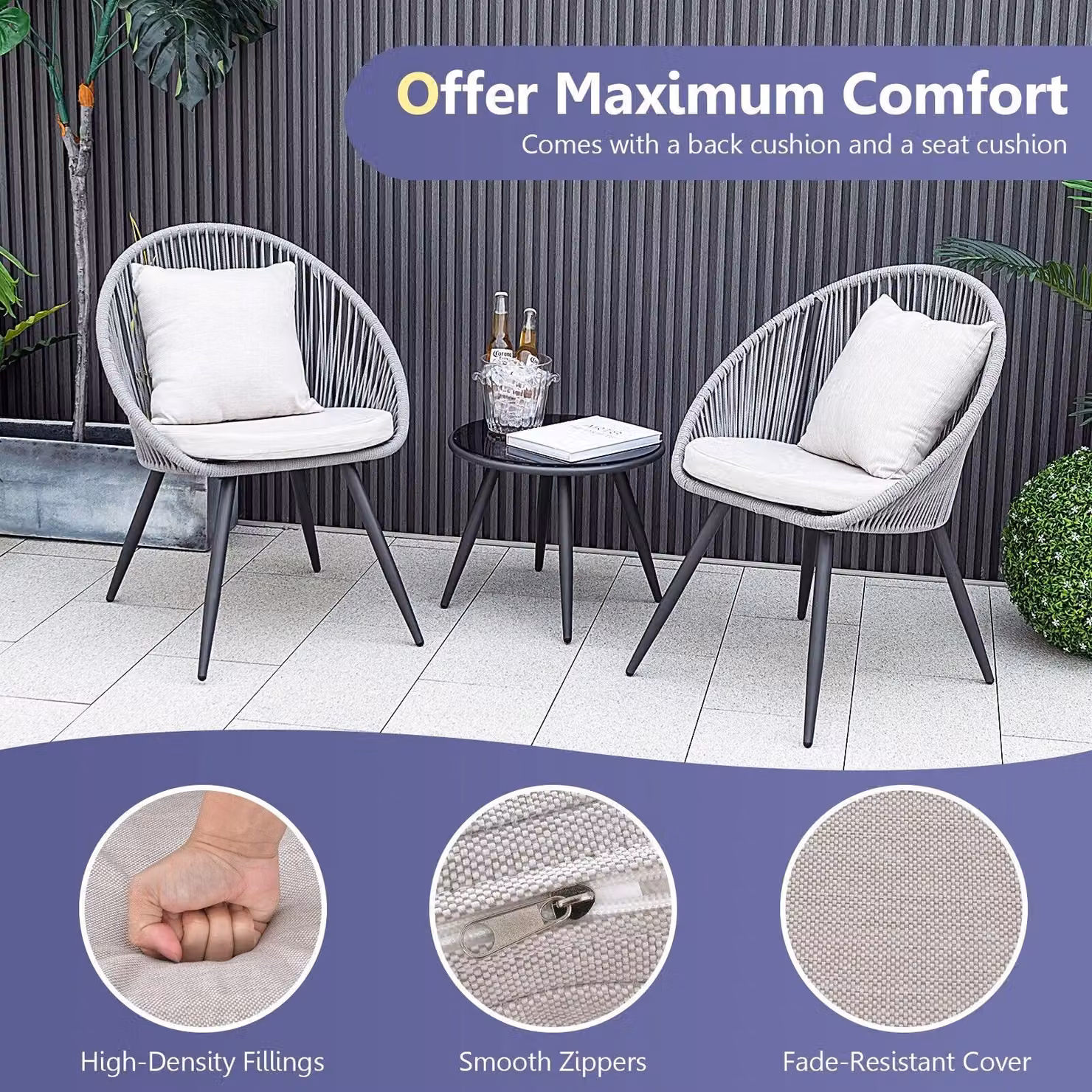 Costway 3 Piece Patio Furniture Set with Woven Rope Balcony Chairs and Seat and Back Cushions in Grey and Multicolour – 3