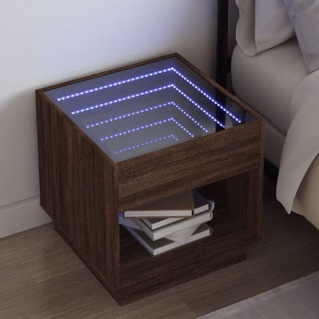 Berkfield Home Bedside Table with Infinity LED and Mirror Top in Brown Oak, W/D/H: 50 x 50 x 50 cm