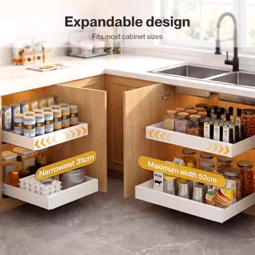 Toque 2 Pack Expandable Pull Out Cabinet Organisers in White, Adjustable Carbon Steel Slide Out Drawers with 3-Rail System – 4