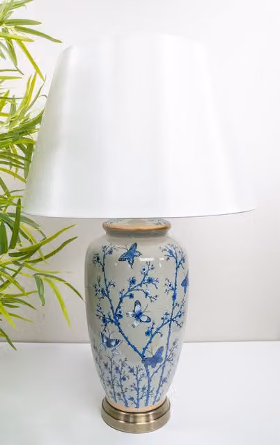 Downton Interiors Blue Butterfly Ceramic Table Lamp with White Fabric Cone Shade