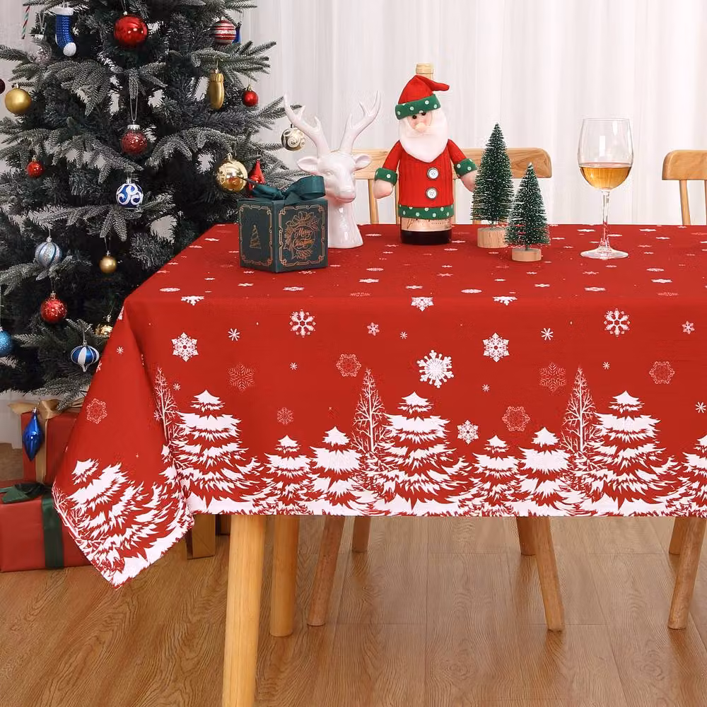 London Boutique Red and White Christmas Snow Floral Waterproof Wipeable Polyester Tablecloth W/D/H: 137.16 x 200.66 cm – 4