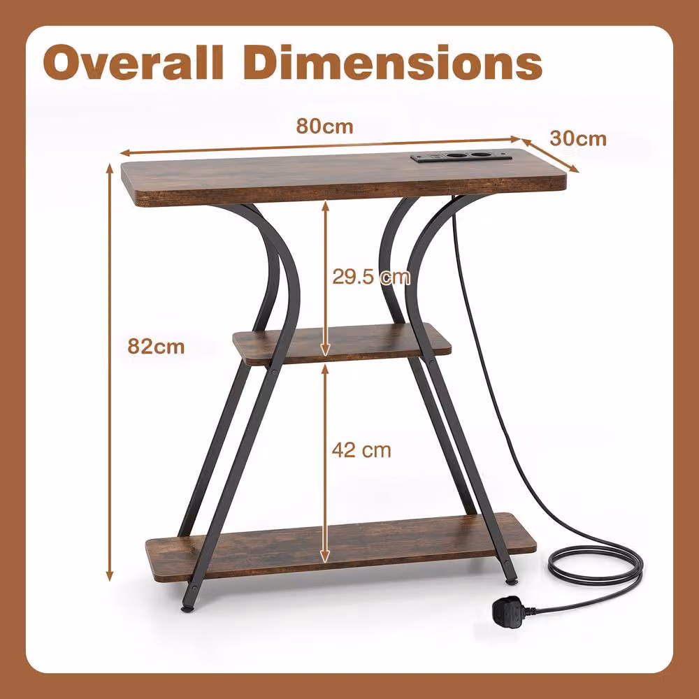 Gymax Industrial Console Table with LED Lights and Power Outlets in Brown – 2