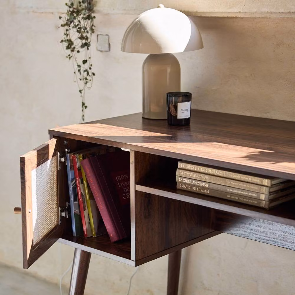 Sweek 2-door retro writing desk with wood and cane effect in brown, W/D/H: 120 x 55 x 76.5 cm – 3