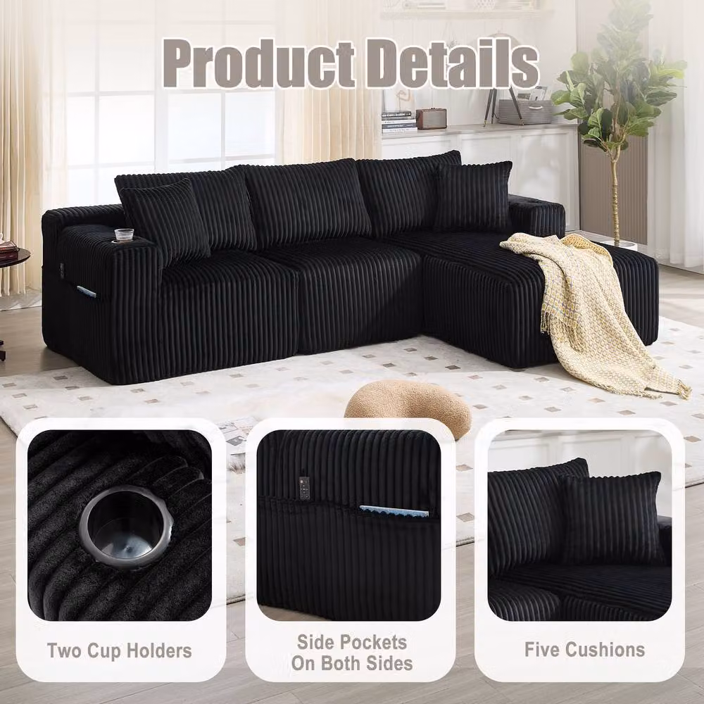 Direct Wicker Black L-Shaped Modular Sectional Sofa with 3-Seater Upholstered Fabric Cushions and Cup Holders – 3