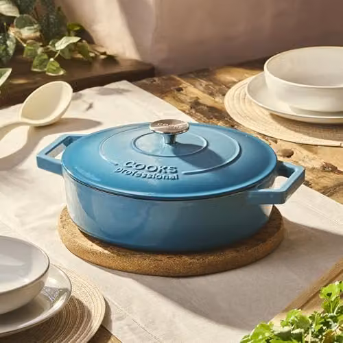 Cooks Professional Enamelled Cast Iron Shallow Casserole Dish with Lid and Handles, 28 cm, 4.3 l, Petrol – 2