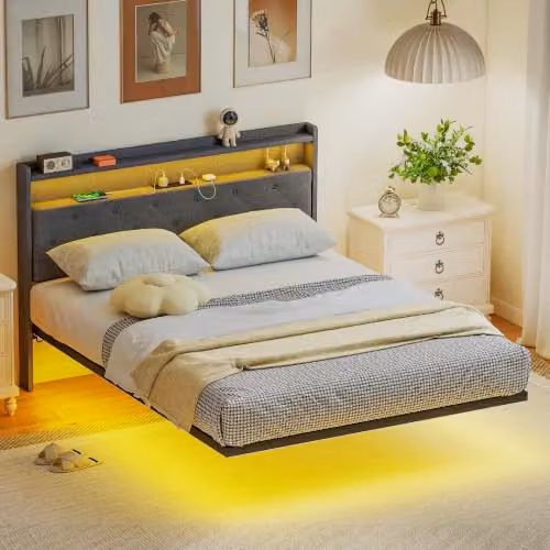 HOMCOM Double Floating Bed Frame in Grey with RGB LED Lights, USB Charging Port and Side Compartments, W/D/H: 140 x 190 x 135 cm