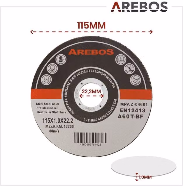 AREBOS Grey Flat Stainless Steel Metal Cutting Discs 11.5 mm