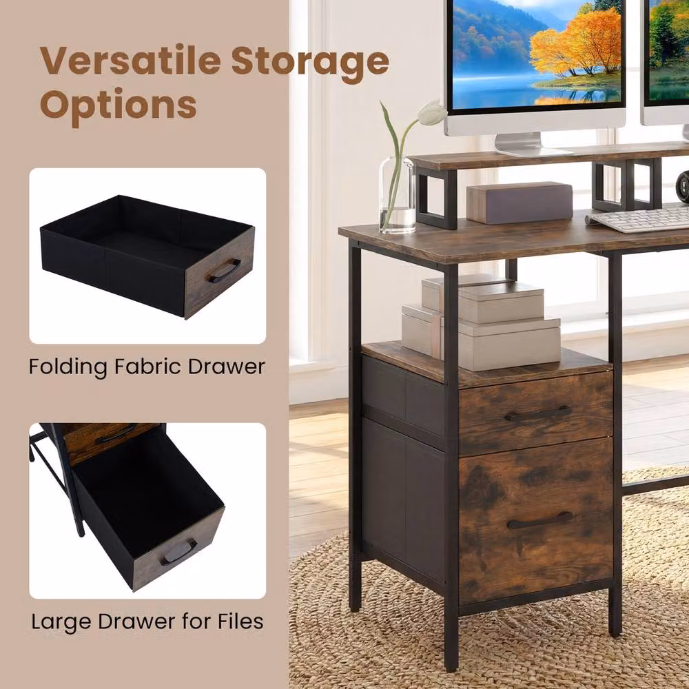 Costway L-shaped Reversible Corner Desk with Power Outlets in Brown – 8