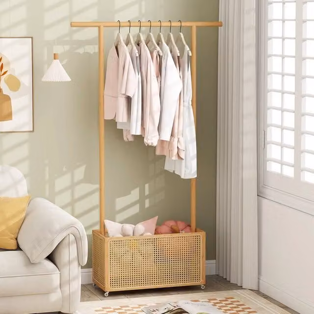 VOGREX Natural Bamboo Garment Rack with Rattan Storage Basket in Beige, H 172 cm x W 33 cm x D 33 cm – 1