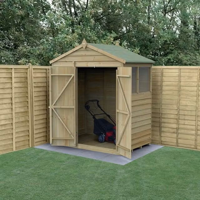 Forest Garden Apex Wooden Garden Shed with Double Doors and Base, Brown, W: 183 cm, D: 122 cm, H: 172 cm