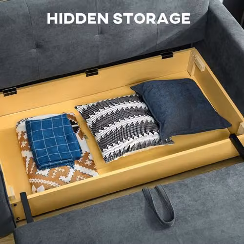 HOMCOM 2 Seater Modern Snow Flannel Sofa Bed with Hidden Storage and Pull Out Drawer, Dark Grey – 5