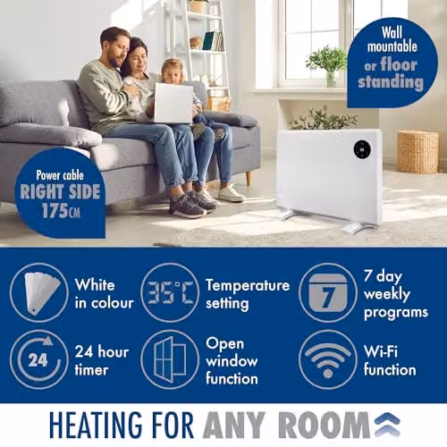 Purus 1000W WiFi Smart Electric Convector Panel Heater, White, Wall Mounted or Freestanding – 3