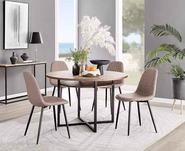 FurnitureboxUK Adley Brown Wood Round Dining Table and 4 Corona Beige Chairs with Black Legs – 1