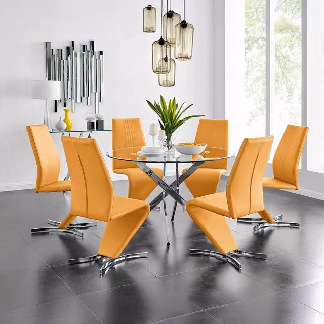 FurnitureboxUK Novara Chrome Metal and Glass Round Dining Table with 6 Willow Chairs in Mustard Yellow, Diameter: 120 cm
