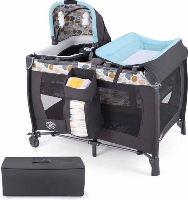 CASART Foldable Nursery Center Bassinet and Baby Playard with Diaper Changing Table in Grey and Multicolour – 1