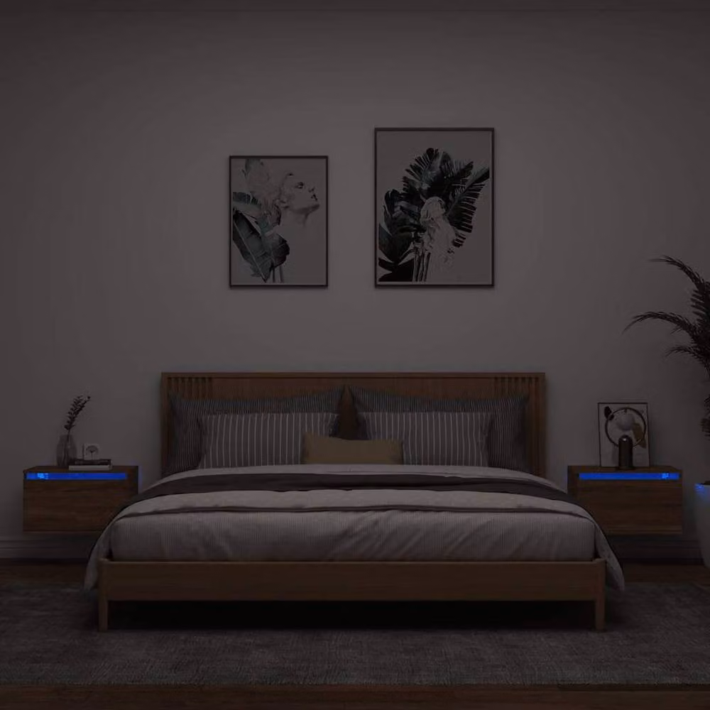 Berkfield Home Set of 2 Wall-mounted Bedside Cabinets with Integrated LED Lights, Brown Oak – 1