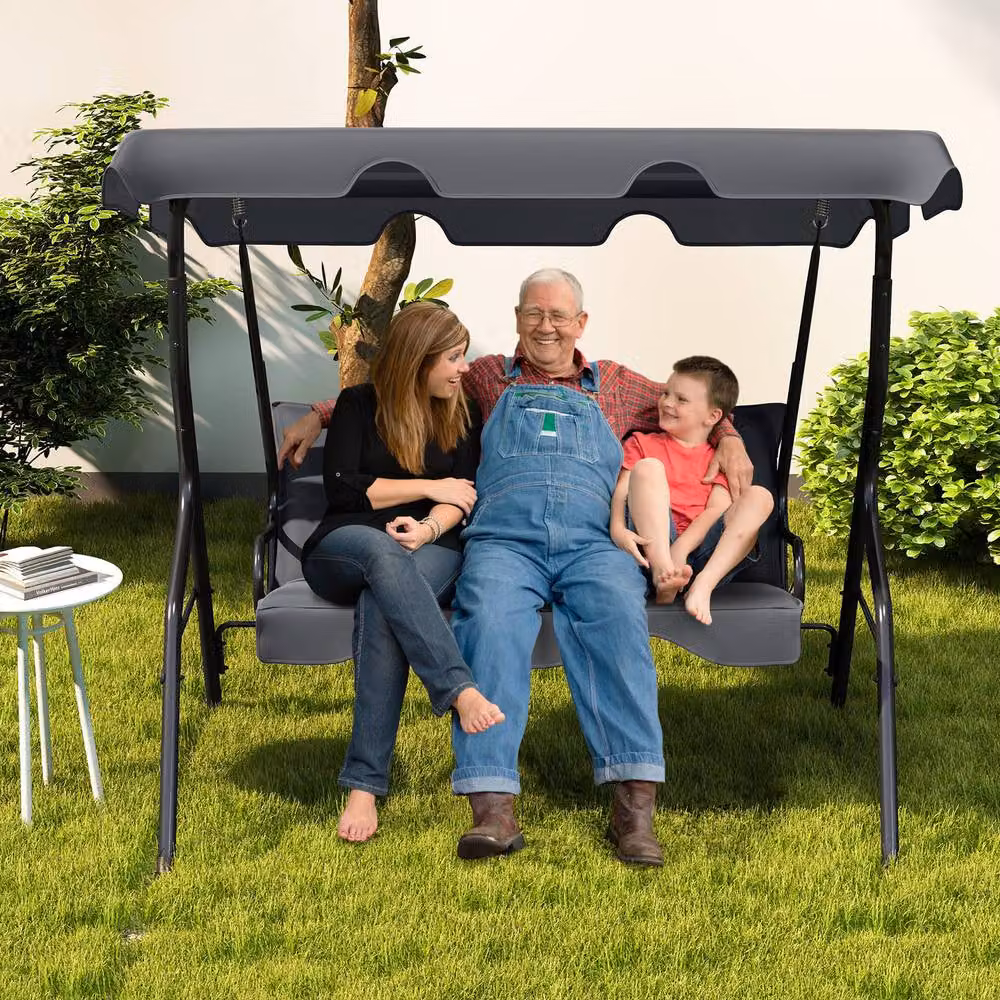Gymax 3-Seater Canopy Swing Chair with Weatherproof Cushions in Grey – 8