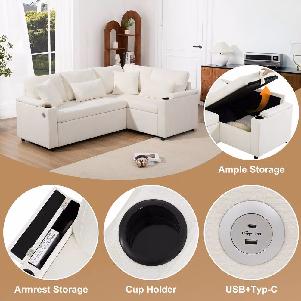 STILVORA L-Shaped Sofa Bed in Beige with USB Charging, Cup Holders and Storage – 4
