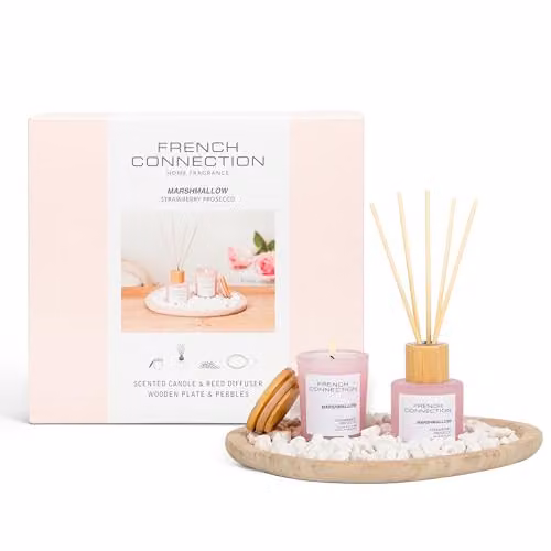 French Connection Marshmallow Home Fragrance Gift Set with Scented Candle and Reed Diffuser in White and Pink