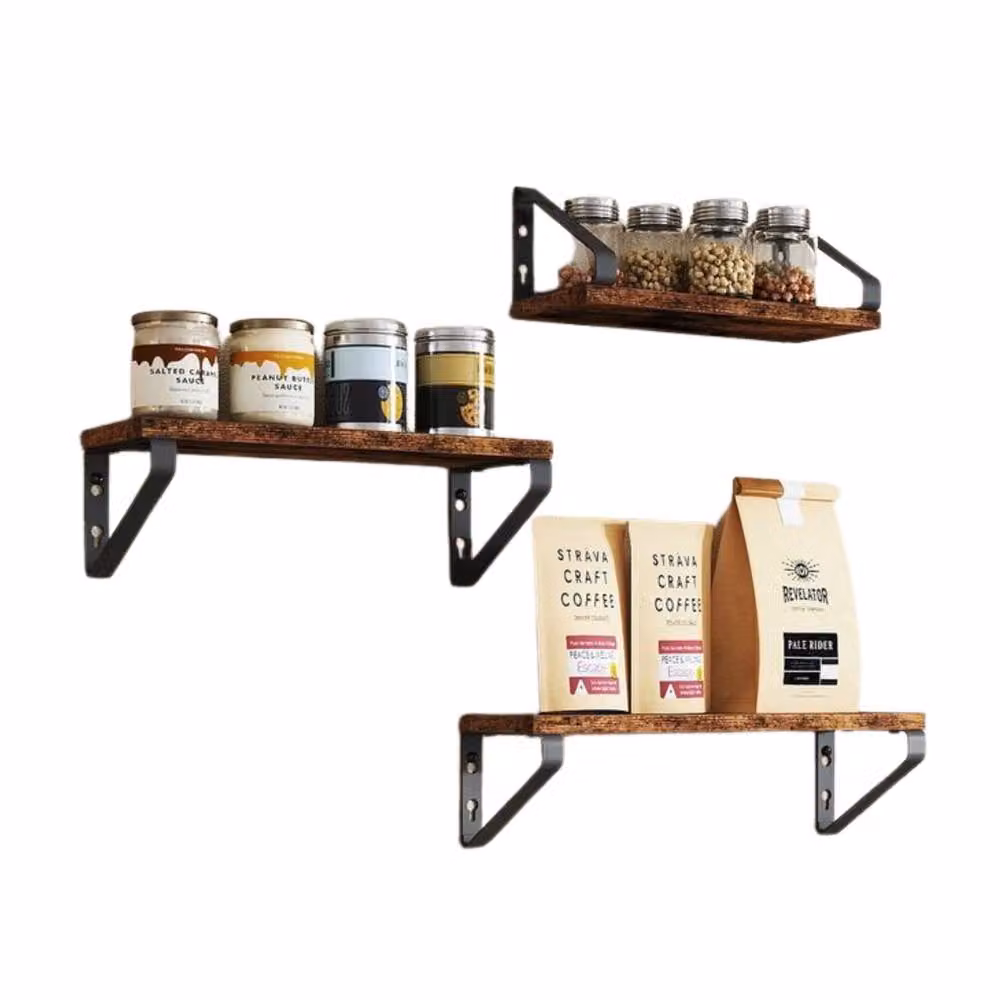 Pirlo Plush Set of 3 Industrial Rustic Brown Wall Mounted Reversible Shelves – 4