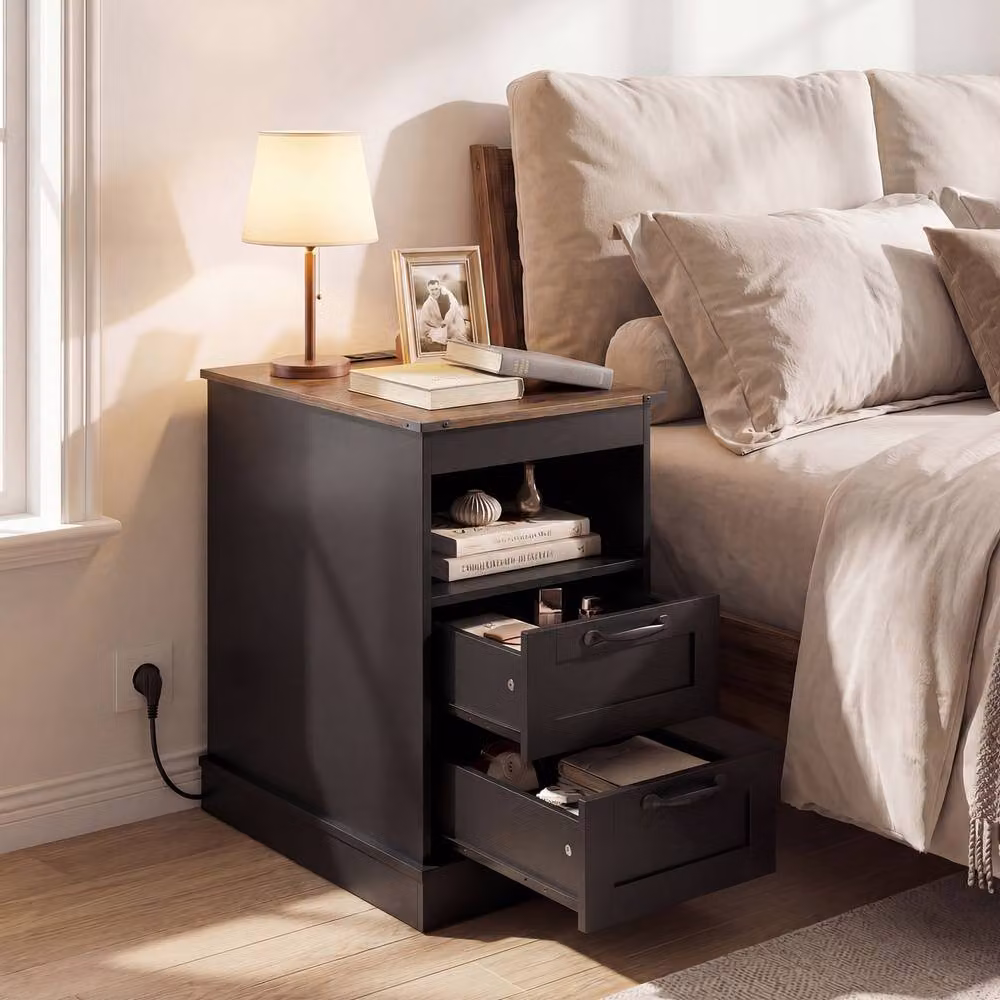 Costway Farmhouse Nightstand with Station Bedside End Table in Black – 4