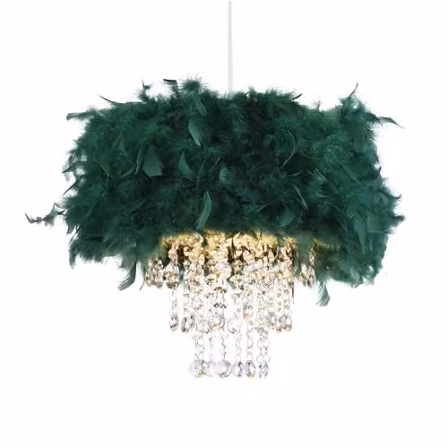 Happy Homewares Forest Green Real Feather Chandelier Pendant Light Shade with Transparent Acrylic Droplets, Diameter: 32 cm