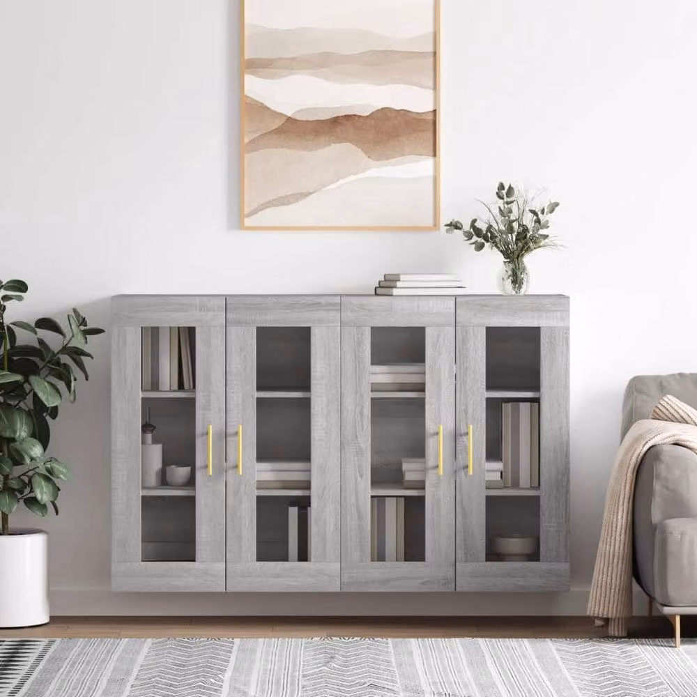 Berkfield Home Set of 2 Wall Mounted Cabinets with Glass Doors in Grey Matt Finish – 2