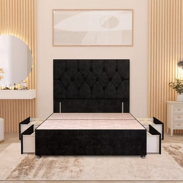 Somnior Beds Ltd Chesterfield Velvet Divan Bed Base with 4 Drawers and Floor Standing Headboard, Black, W/D/H: 120 x 200 cm
