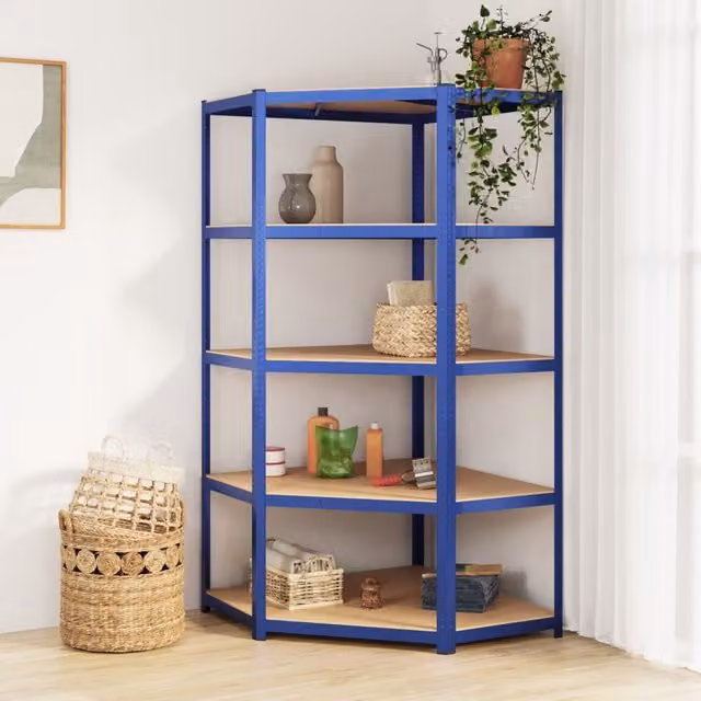 Berkfield Home 5-Layer Freestanding Corner Shelf in Blue Steel and Engineered Wood with Adjustable Shelves – 1