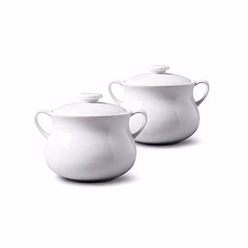 WM Bartleet & Sons 1750 Traditional Porcelain Set of 2 Lidded Individual French Onion Soup and Stew Bowls with Handles, 500ml, White