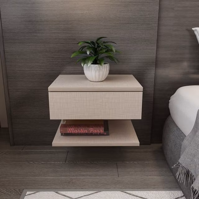 Decorotika Modern Wall Mounted Floating Bedside Table in Beige MDF