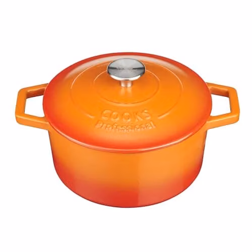 Cooks Professional Enamelled Cast Iron Casserole Dish with Lid and Handles, Orange, 2.8 l – 1